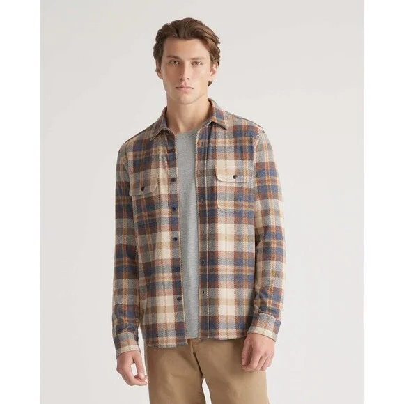 Quince Men Stretch Sweater Fleece Shirt Plaid Brown/Blue S - Picture 1 of 6